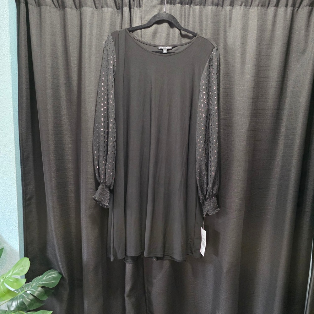 NWT Sam and Jess Black Shift Womens Dress XL Metallic Clip Dot Sheer Long Sleeve